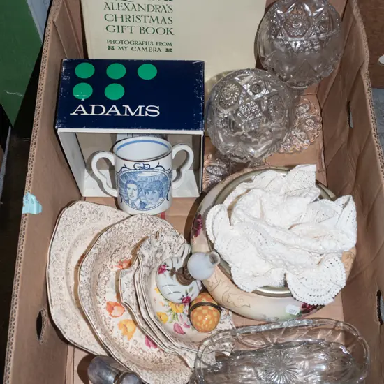 box; glass bowls, part sweet set, hip flask, heavy glass goblets etc