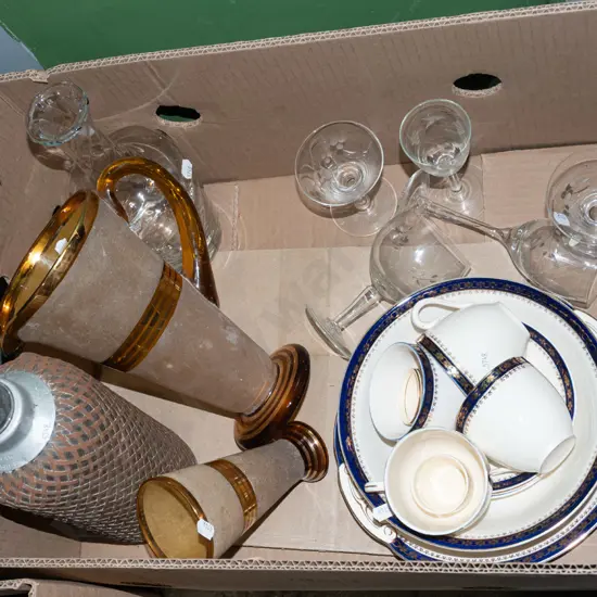 box; soda syphon, glasses, water jug etc