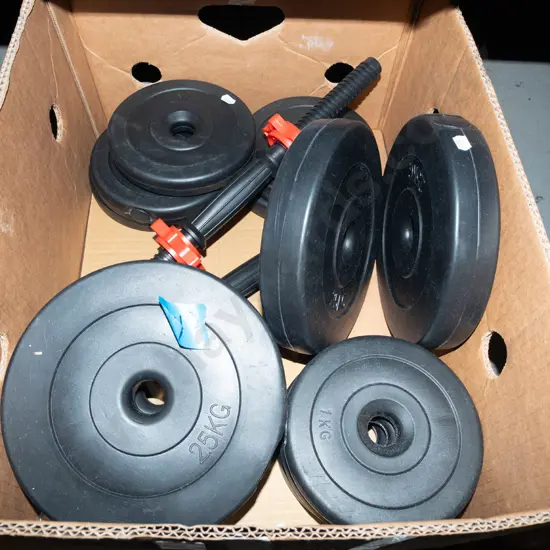 box; hand weights