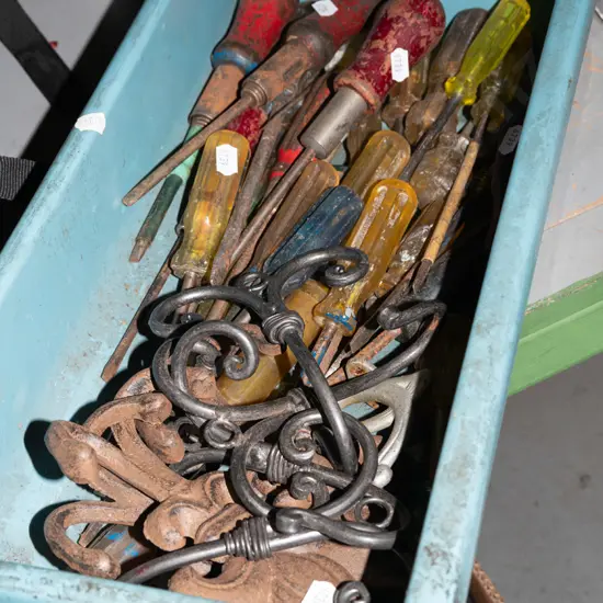 tub; screwdrivers, hooks
