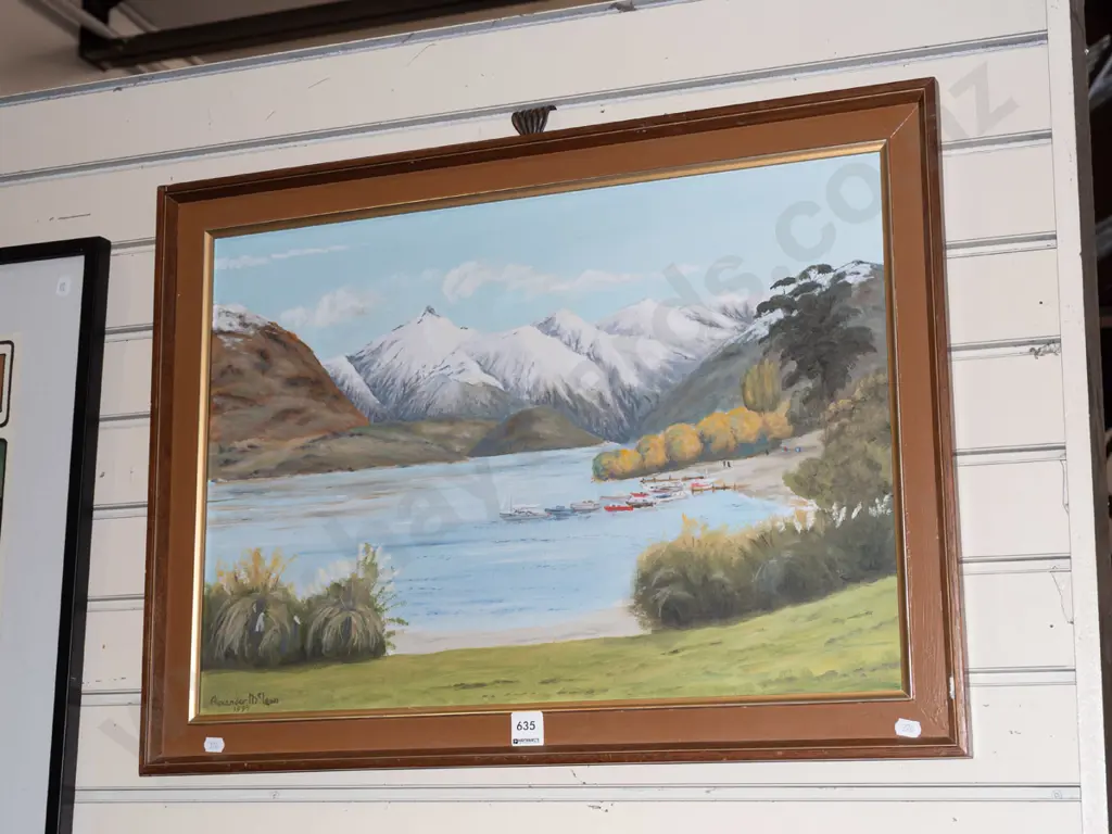 framed oil on board - lake and mountain scene Image 1++