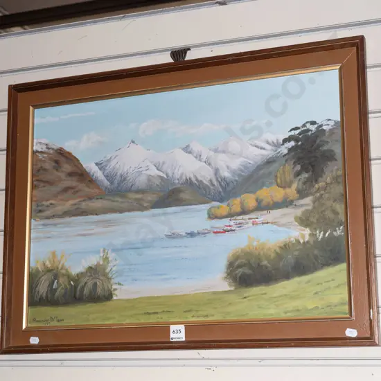 framed oil on board - lake and mountain scene