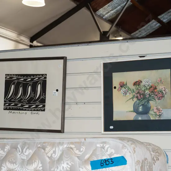  framed print - marching birds, framed print - flowers - black dots
