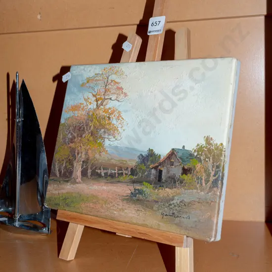 small olkl on canvas - farmhouse on wooden easel