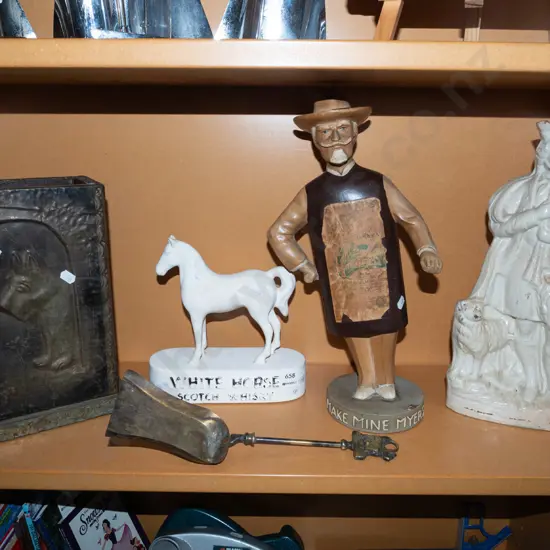 shelf; part fireside set, White Horse whisky figurine, Myers & Son figurine - damage, 1 other bagpiper