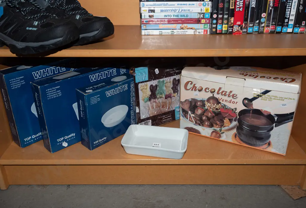 shelf; as new porcelain dishes, chocolate boiler, chocolate moulds Image 1++