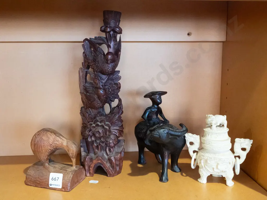 carved kiwi figurine, man on bullock, foo dog lidded jar, carved bird themed candlestick H320 Image 1++
