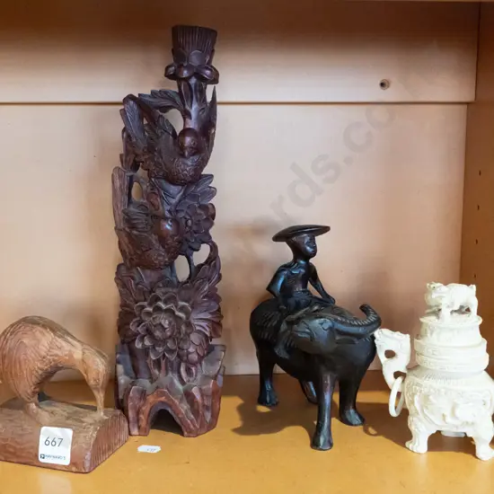 carved kiwi figurine, man on bullock, foo dog lidded jar, carved bird themed candlestick H320