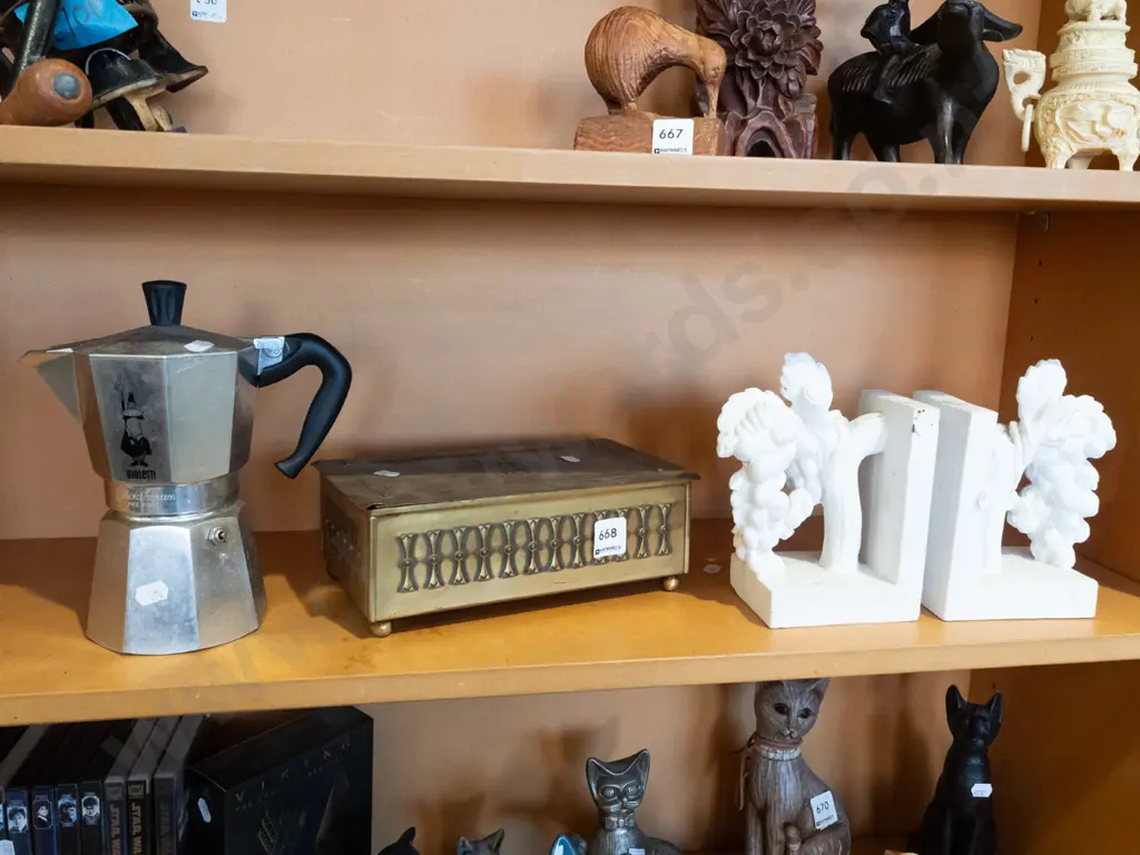 shelf; lidded barss box, stove top espresso, 2x plaster bookends Image 1++