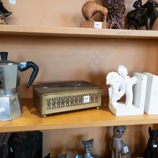 shelf; lidded barss box, stove top espresso, 2x plaster bookends