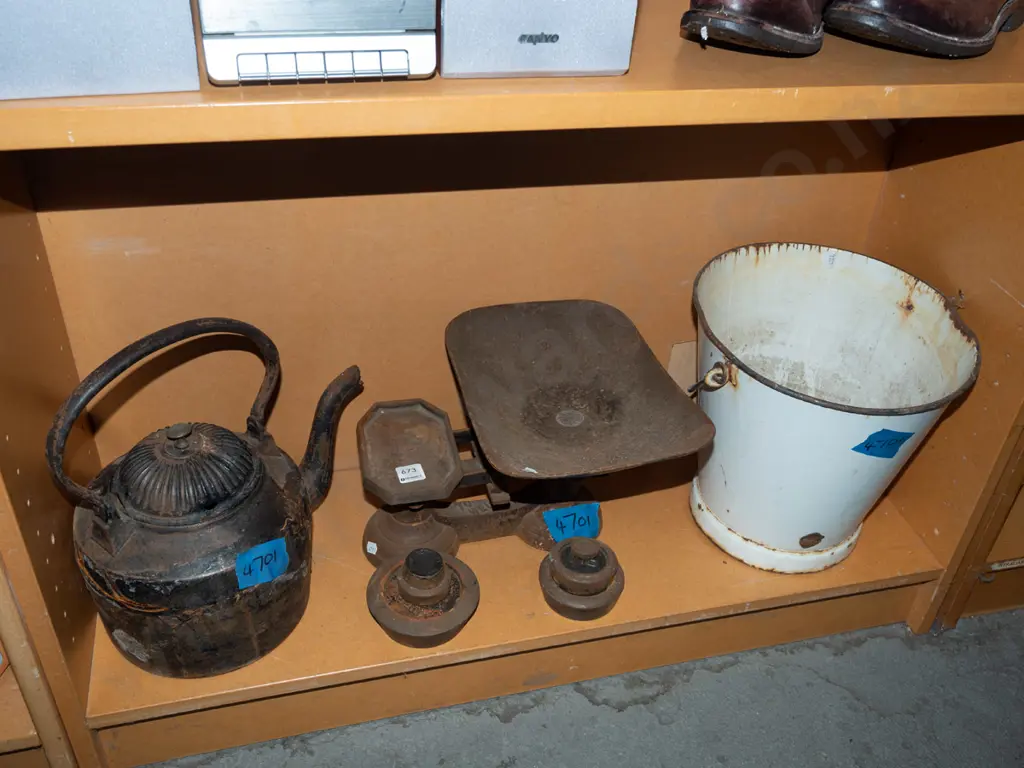 shelf; rusty teapot, scales, pail Image 1++
