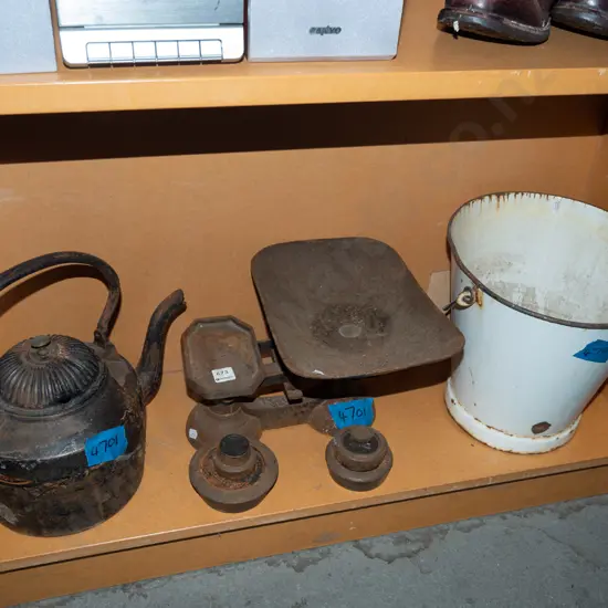 shelf; rusty teapot, scales, pail