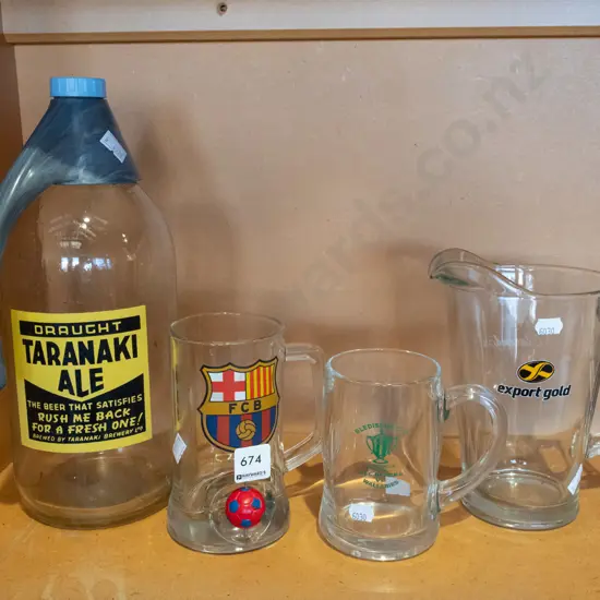 Taranaki Ale flagon, beer jug, 2x beer glasses