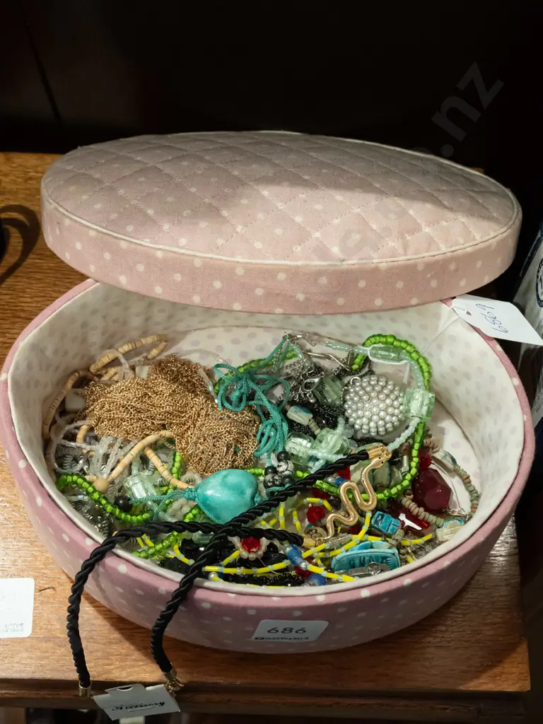 fabric upholstered container and costume jewellery Image 1++