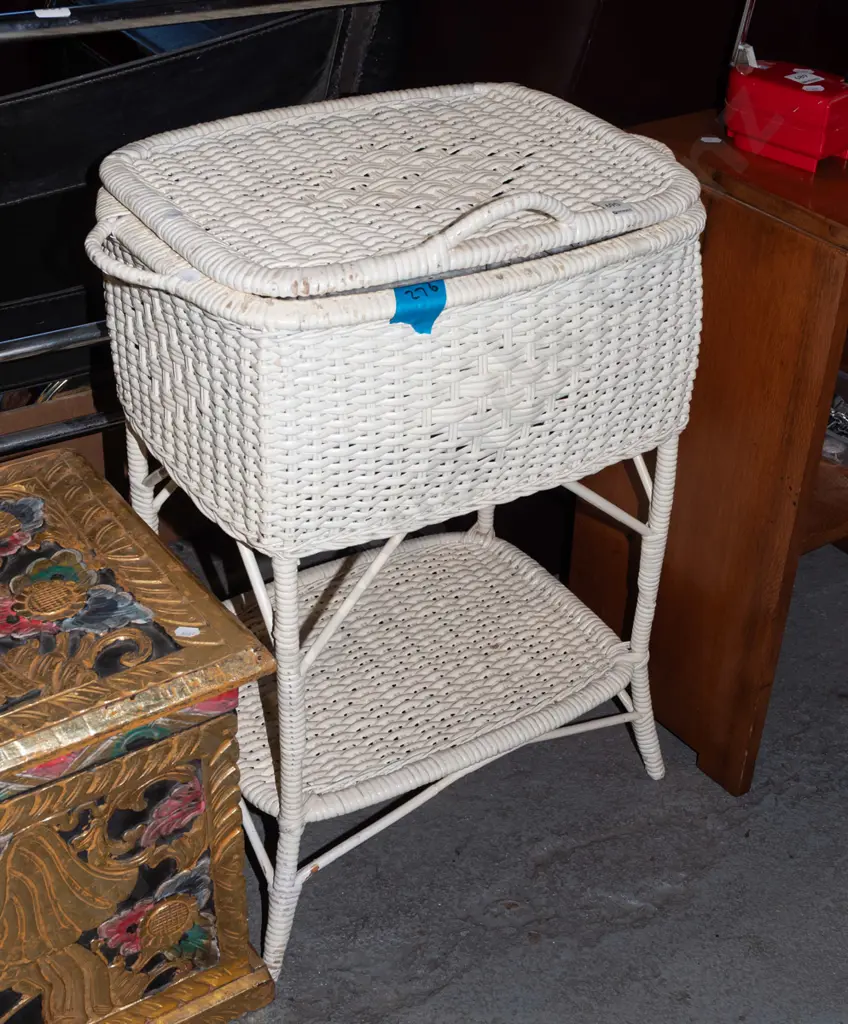 white painted plastic woven cane sewing box on stand - no hinges to lid H650 W430 D330 Image 1++