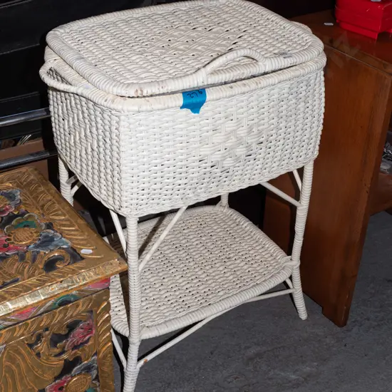 white painted plastic woven cane sewing box on stand - no hinges to lid H650 W430 D330