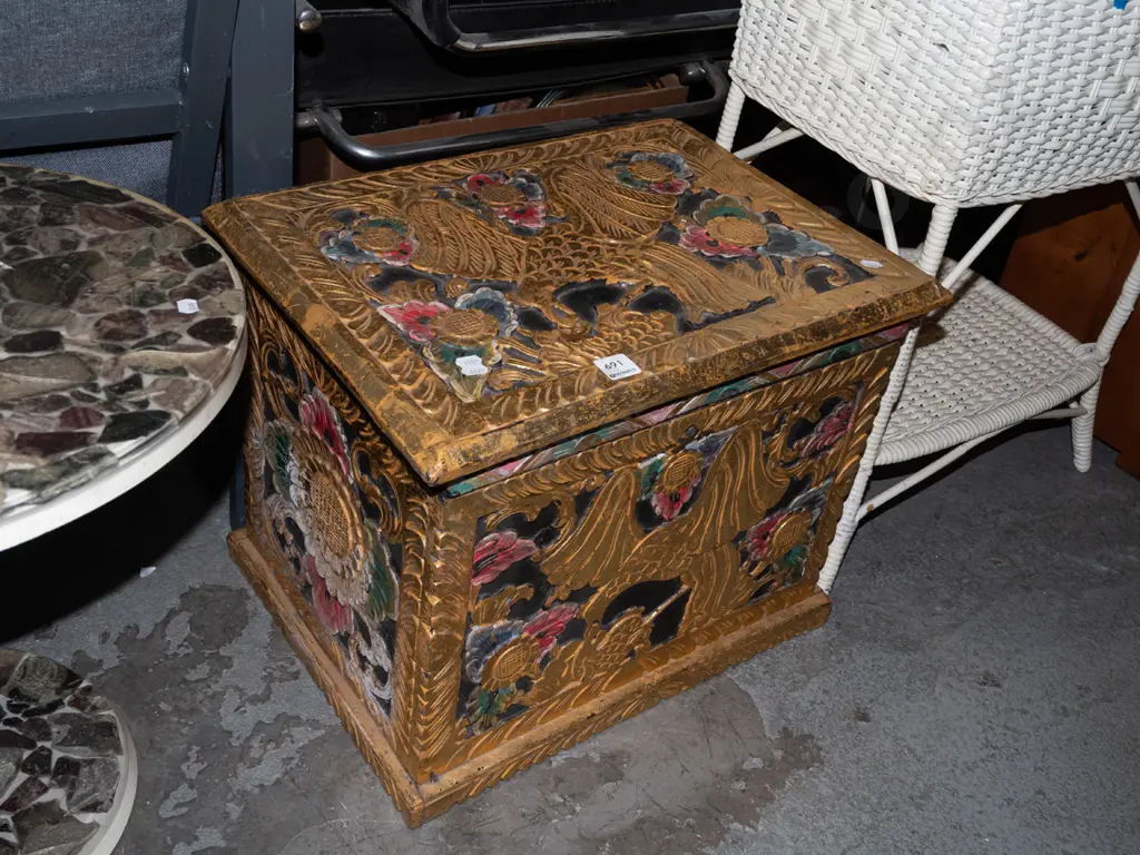 heavily carved gold painted wood box H390 W490 D350 Image 1++