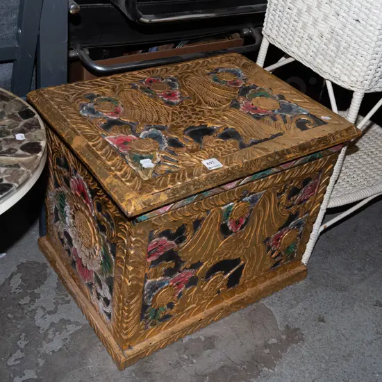 heavily carved gold painted wood box H390 W490 D350