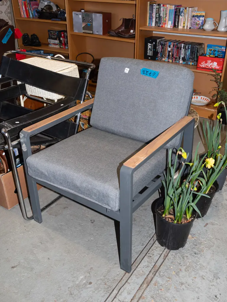 alloy wood and grey upholstered armchair Image 1++