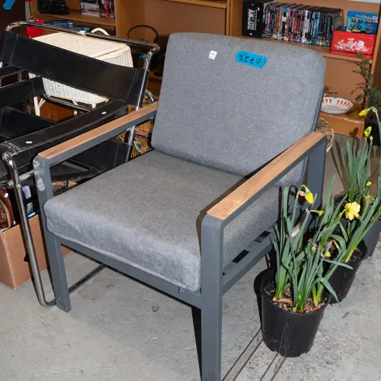 alloy wood and grey upholstered armchair