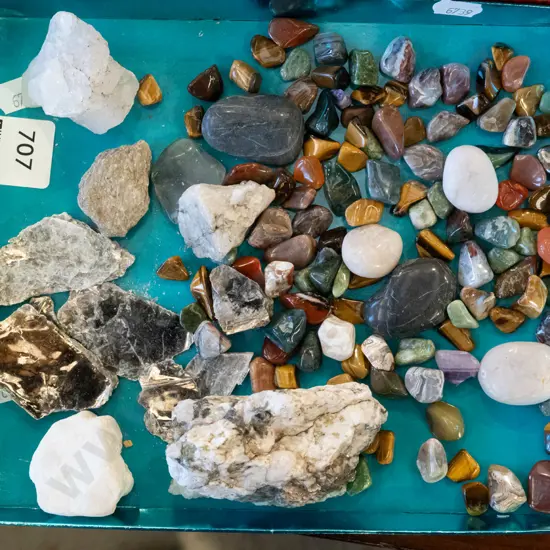 tray of polished and rough gemstones and minerals