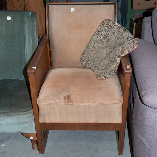 deco style wood and upholstered armchair - some stains