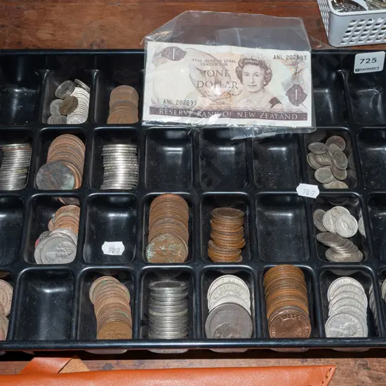 tray of coins and bank notes