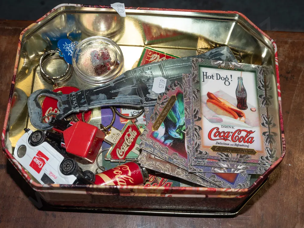 tray; coca cola tin, cards, vehicles etc Image 1++