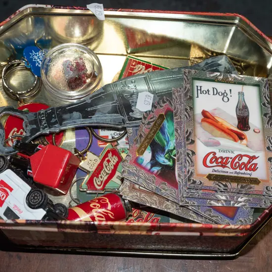 tray; coca cola tin, cards, vehicles etc