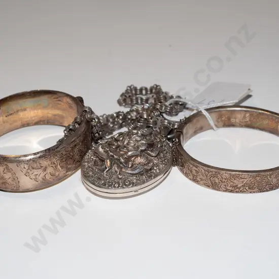2x snap joint EHM Birmingham bracelets (16mm, 12mm wide), Thai style  silver locket with chain (no stamp)