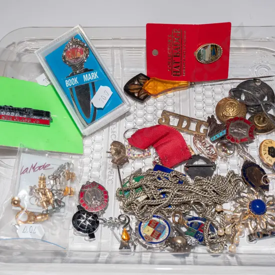 tray; badges, brooches, necklaces etc