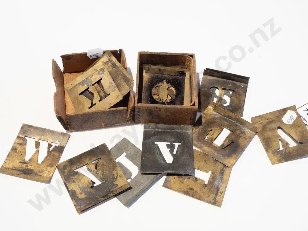 box of vintage brass alphabet & number stencils Image 1++