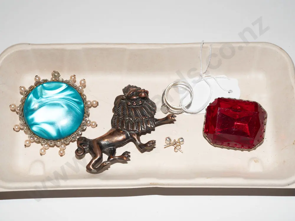 tray; brooches, paua ring, sterling ring, & earrings Image 1++