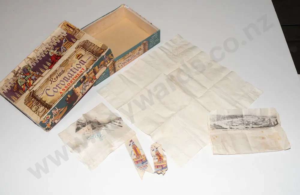 box; South Seas Exhibition handkerchiefs and other memorabilia Image 1++