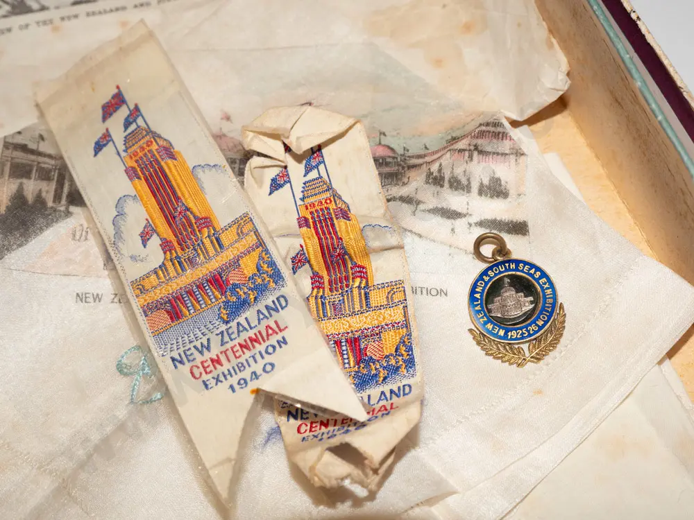 box; South Seas Exhibition handkerchiefs and other memorabilia Image 1++