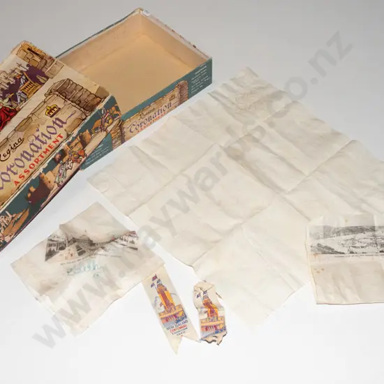 box; South Seas Exhibition handkerchiefs and other memorabilia