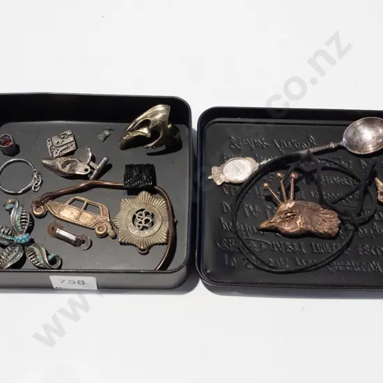 tray; brooches, ring, spoon etc