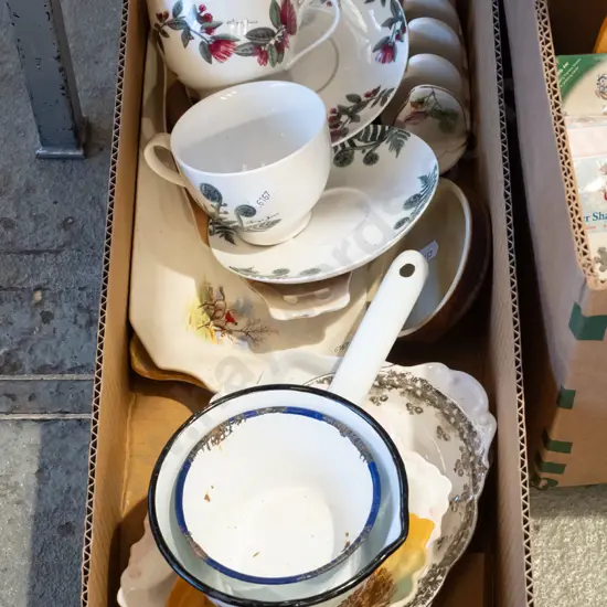 box; cups and saucers, ceramic toast rack, enamel pourer etc