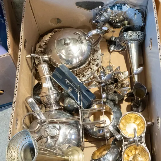 box of plated ware; teapot, teaspoons, vases etc