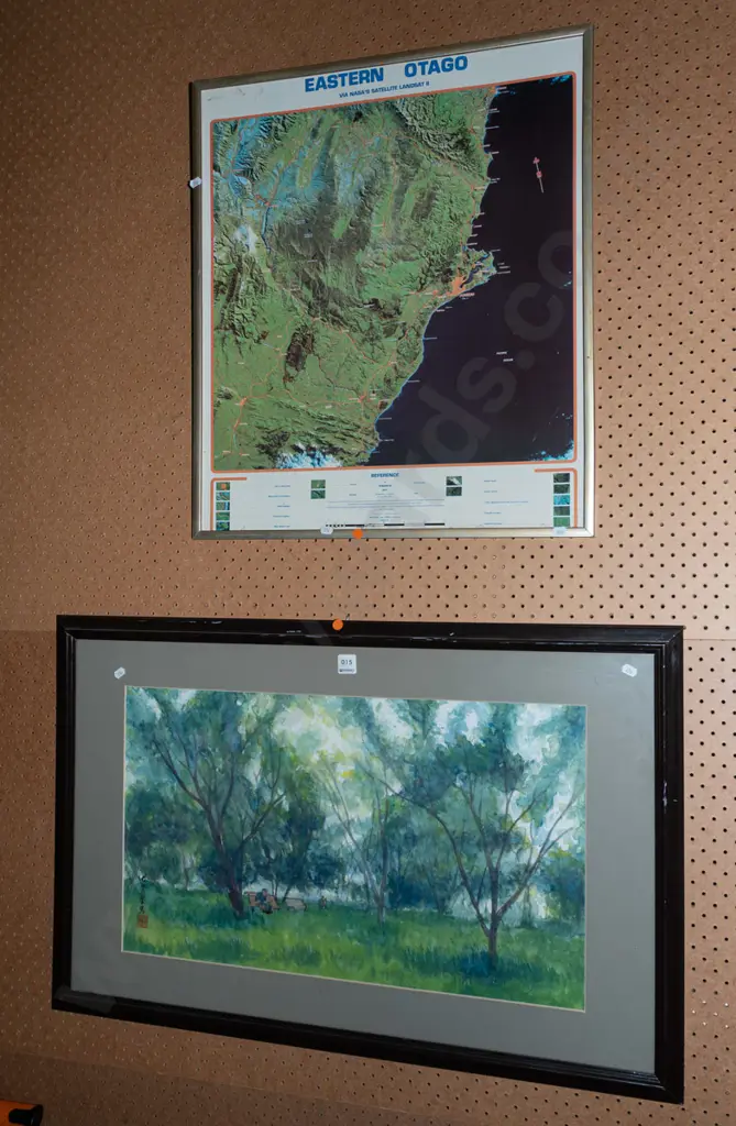 framed print - map of East Otago, framed Asian watercolour - tree scene - orange dots Image 1++