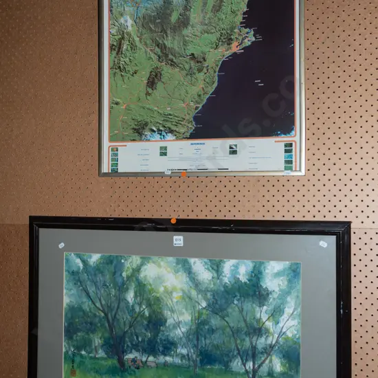 framed print - map of East Otago, framed Asian watercolour - tree scene - orange dots