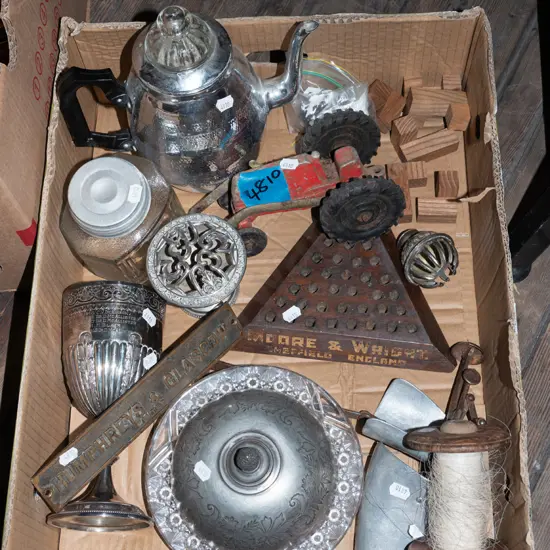 box; coffee perc, plated ware, shoe forms etc