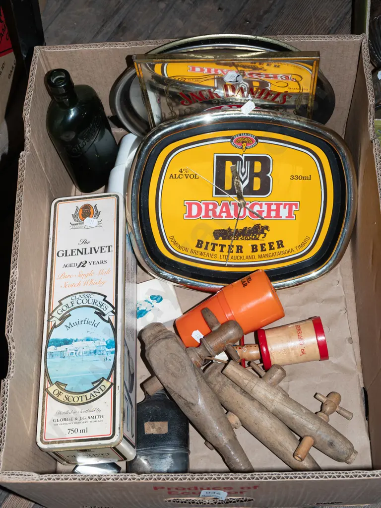 box; whisky advertising trays, mirror, wooden barrel spiggots etc Image 1++