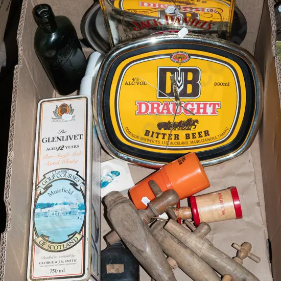box; whisky advertising trays, mirror, wooden barrel spiggots etc