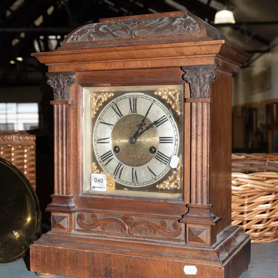 wood cased mantle clock- no pendulum - as is