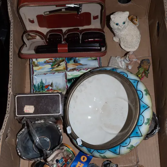 box; plated rimmed salad bowl, travel kit etc 