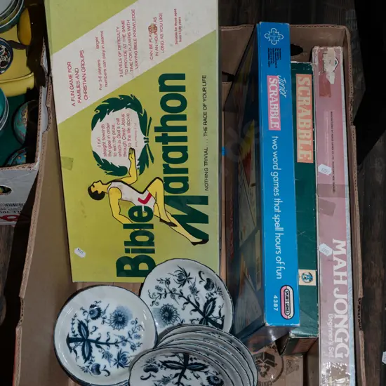 box; board games, bible marathon, woods small dishes