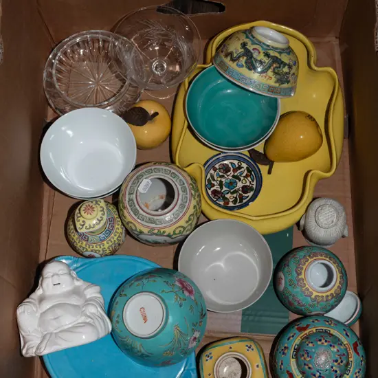 box; bowls, ginger jars, buddha figurine etc
