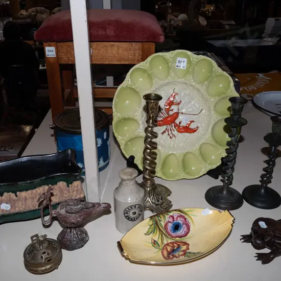 Carlton Ware lobster oyster plate, candlesticks, wooden frog etc