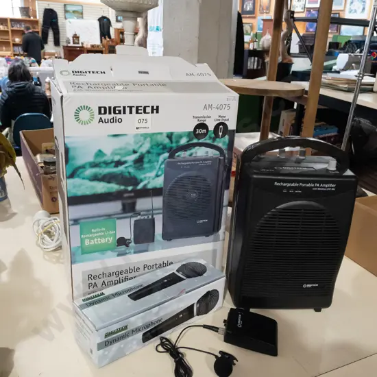 small Digitech rechargeable portable amplifier, wireless microphone, dynamic microphone
